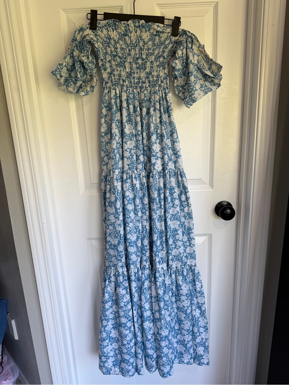 Blue/White Floral Smocked Maxi Dress